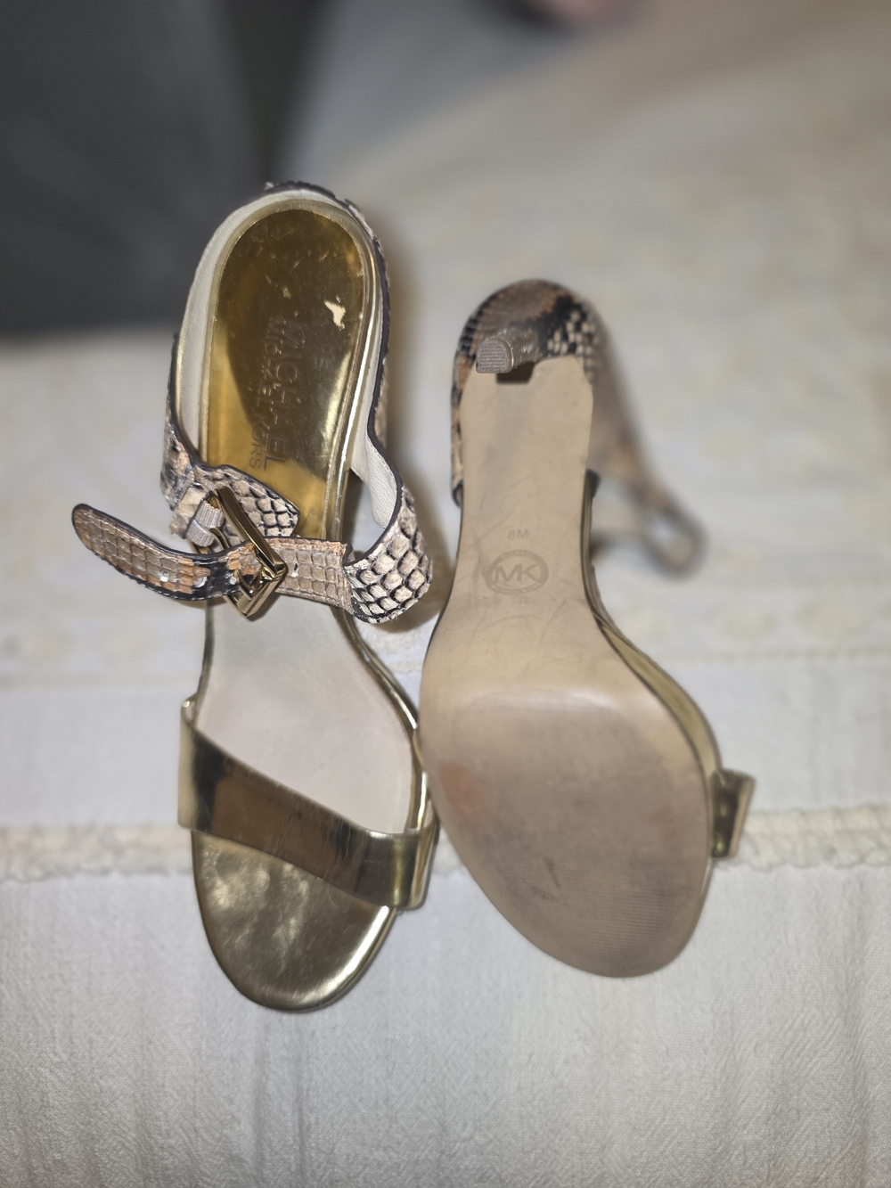 Michael Kors Gold & Snake-Print Buckle Slingback Heels